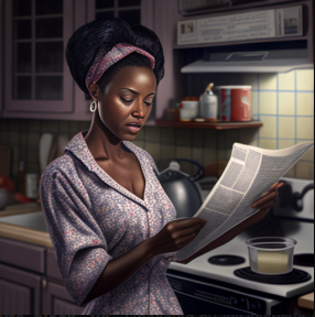 Woman reading newspaper in kitchen