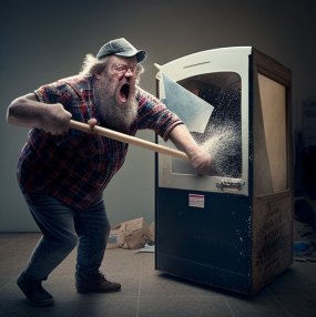 AI-generated angry man smashing a voting booth