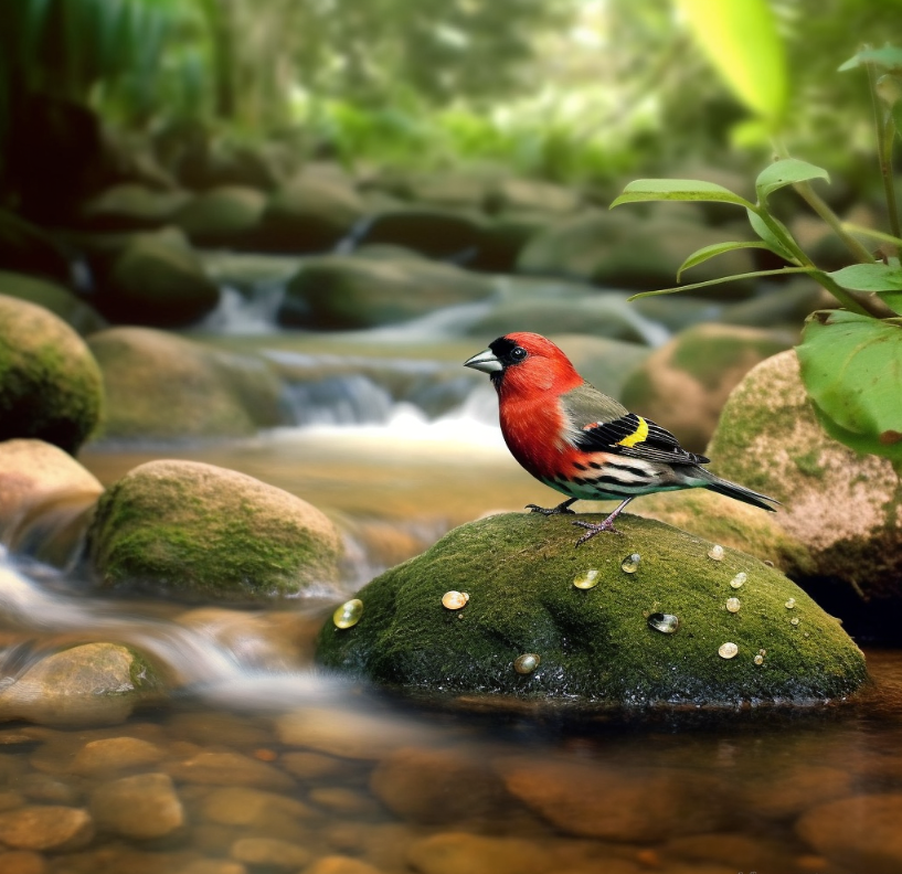 a finch next to a stream