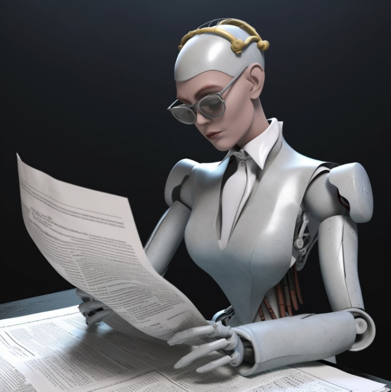 Female robot reading paper