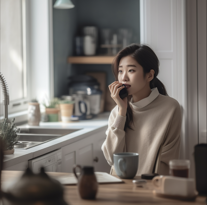 Korean woman talking to AI over coffee