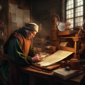 Medieval scribe working on a book