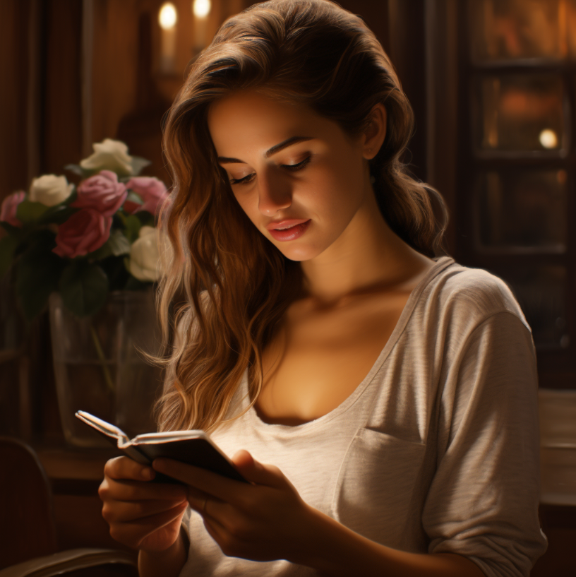 gorgeous woman reading notebook