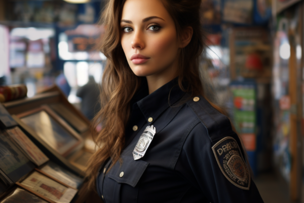 beautiful traffic cop at newsstand