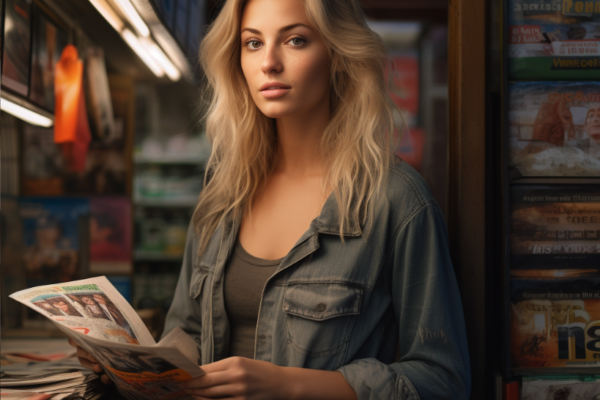 Blonde at newsstand