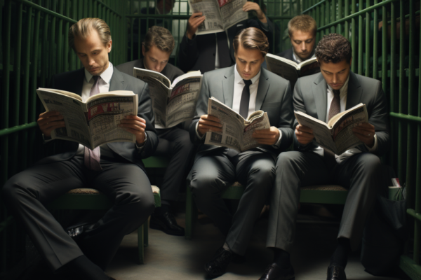 business men reading news in jail cell