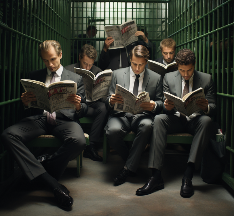 business men reading news in jail cell