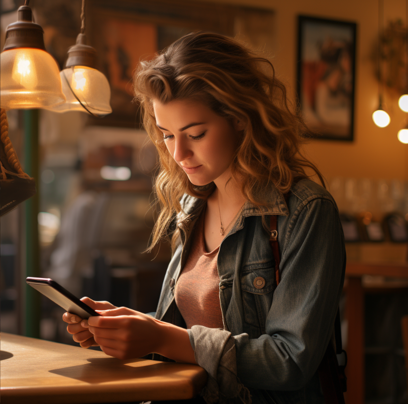 Woman reading email at coffee shop