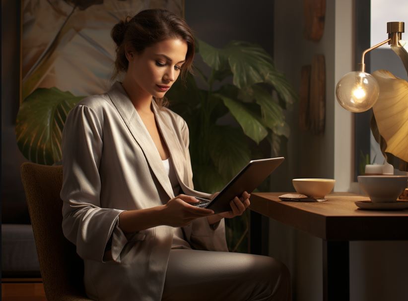 Woman reading e-newsletter in home office