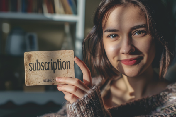 pretty woman holding a card that says "subscription"