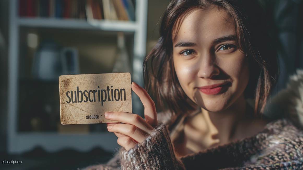 pretty woman holding a card that says "subscription"