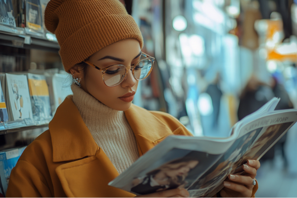 Beautiful woman at newsstand