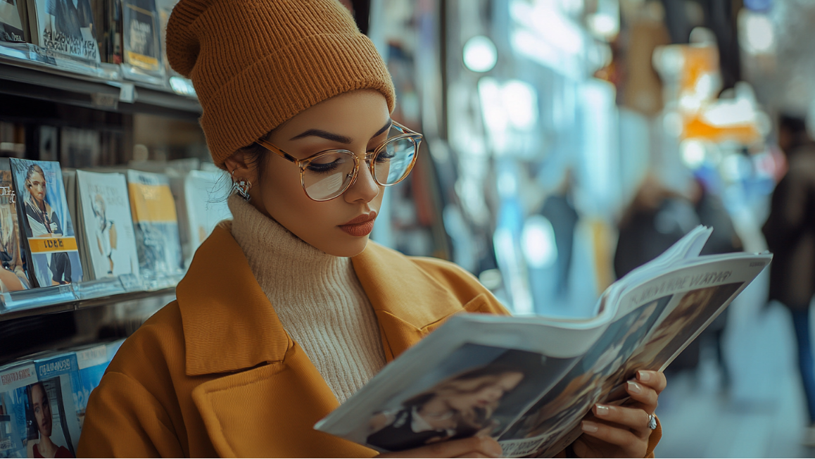 Beautiful woman at newsstand