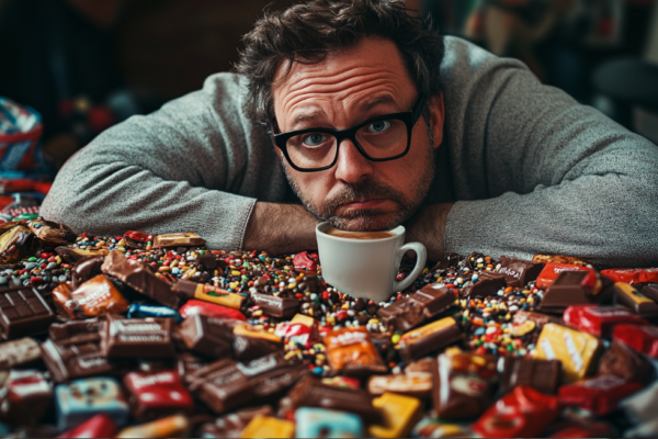 Tired man with candy bar