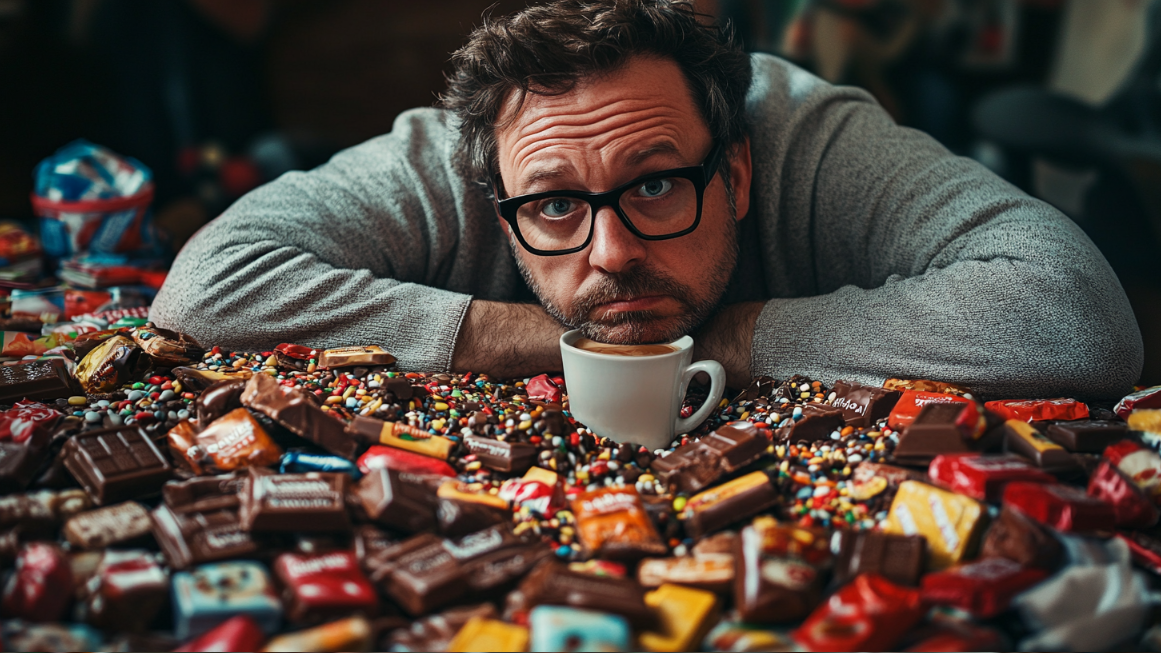 Tired man with candy bar