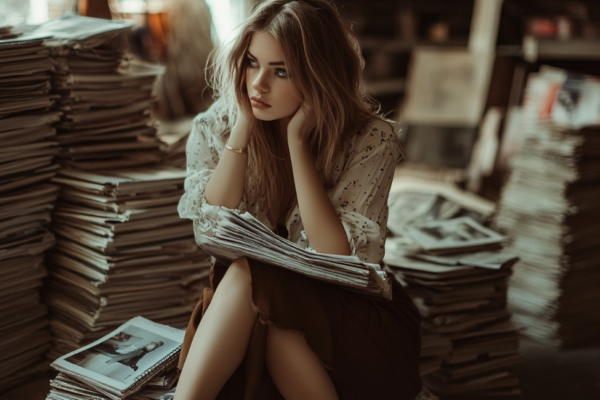 Woman sitting on stack of magazines