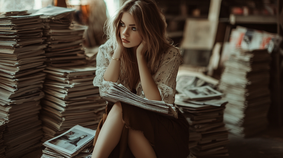 Woman sitting on stack of magazines