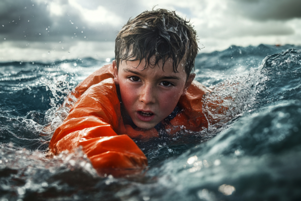 Boy in peril in the sea