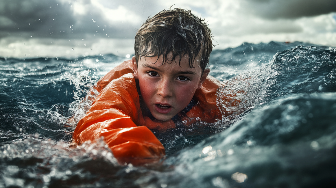 Boy in peril in the sea