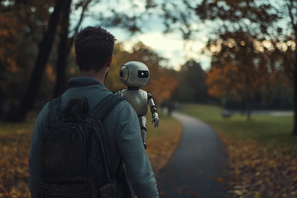 Man with robot companion