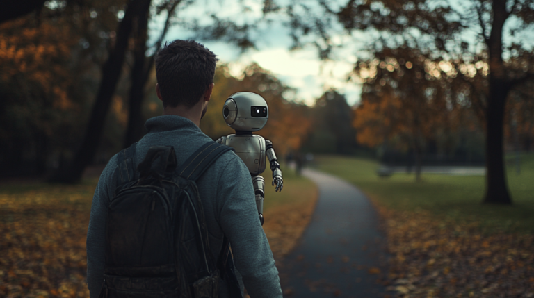 Man with robot companion