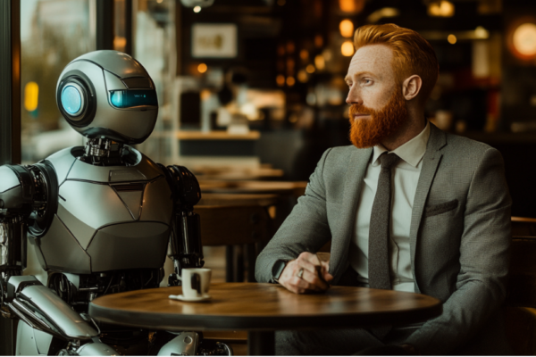 Man with red beard talking to a robot