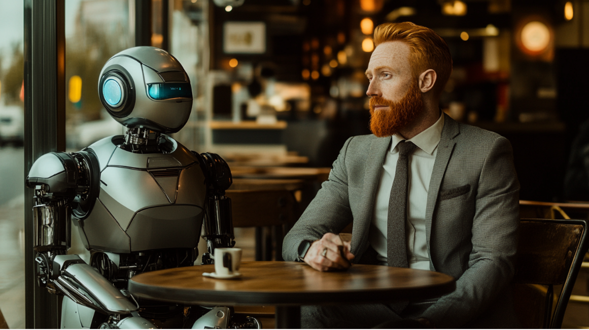 Man with red beard talking to a robot