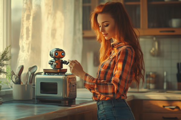 Woman in kitchen with robot