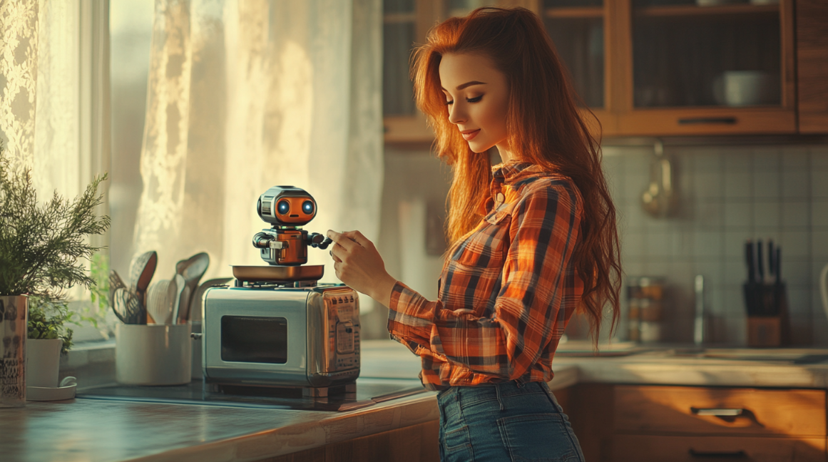 Woman in kitchen with robot