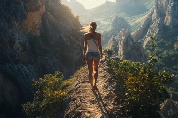 Woman walking on narrow path in the mountains