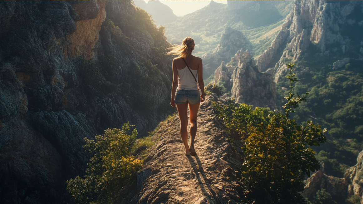 Woman walking on narrow path in the mountains