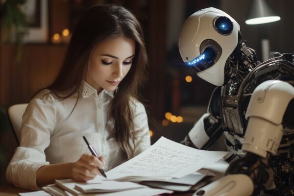 Woman working with robot on book