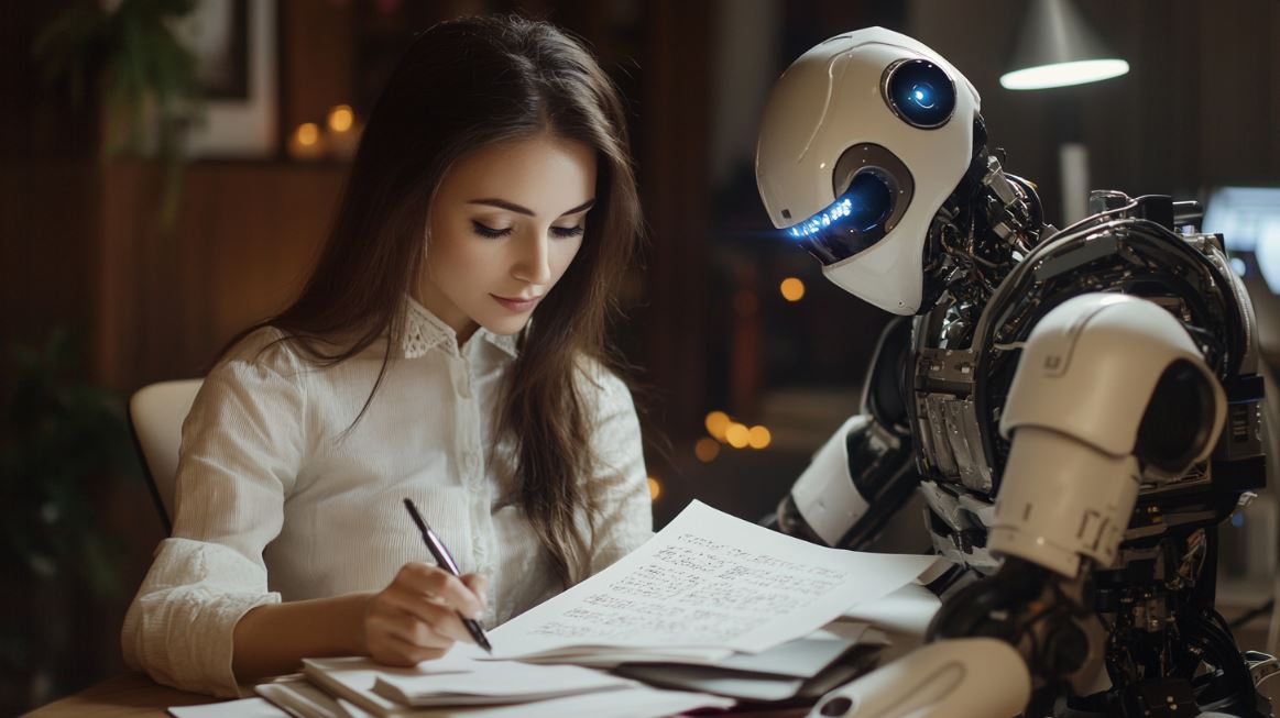 Woman working with robot on book