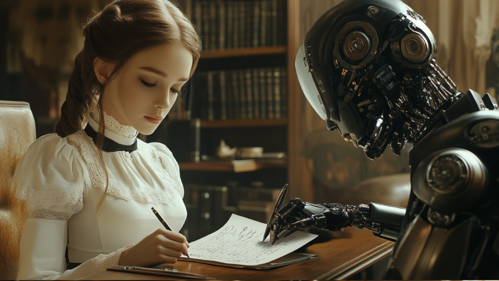 Woman working with robot