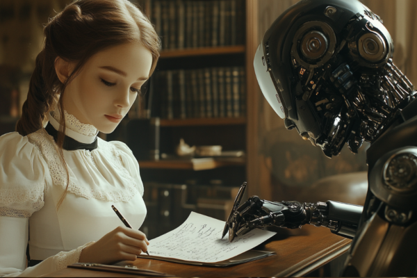 Woman working with robot