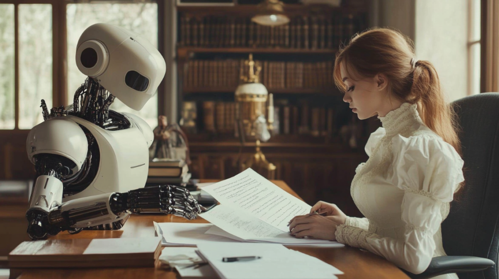 Woman writer with robot