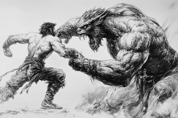 Beowulf grappling with Grendel