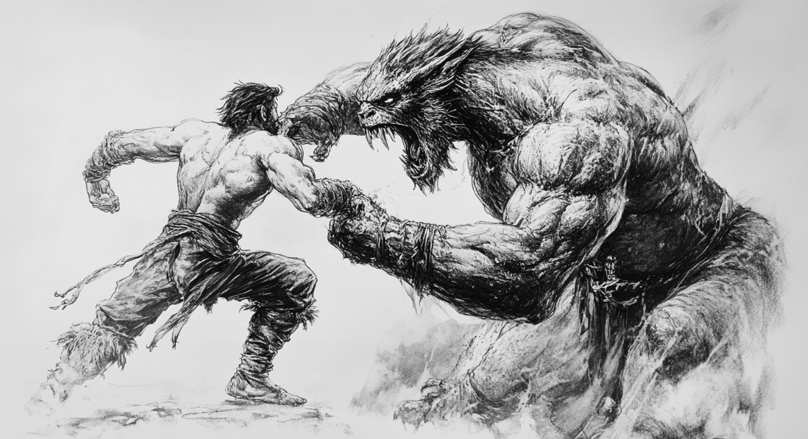 Beowulf grappling with Grendel