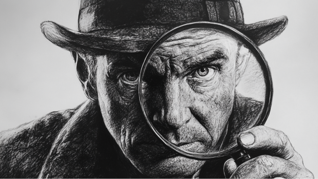 Sherlock Holmes looking through a magnifying glass