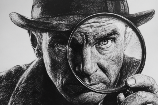 Sherlock Holmes looking through a magnifying glass