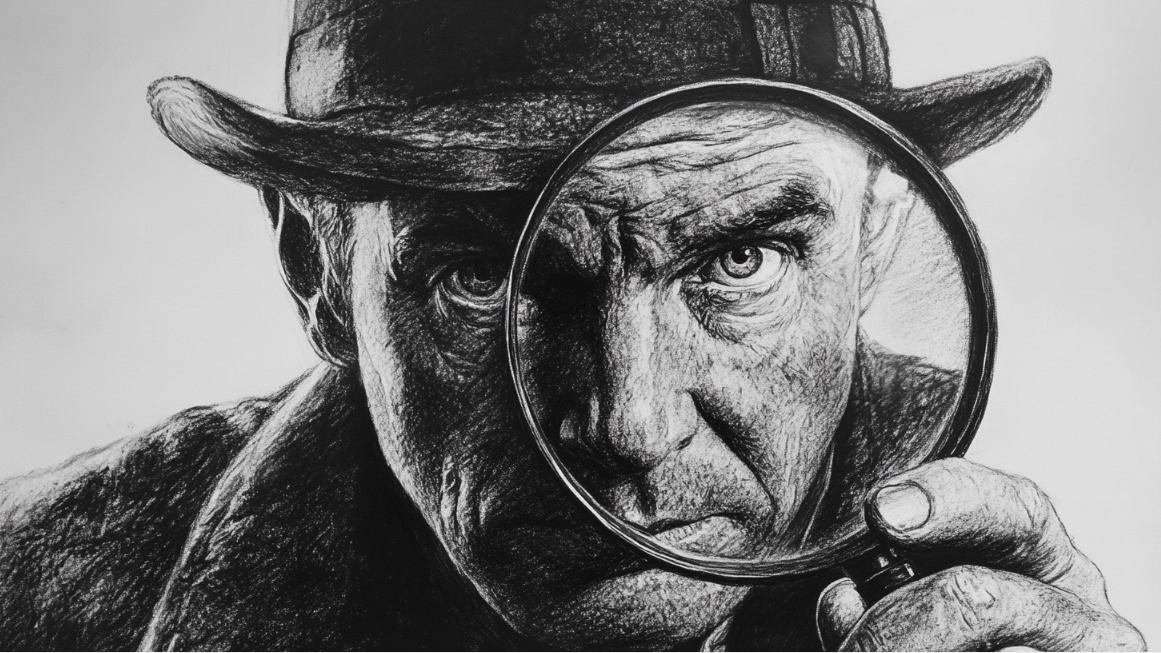 Sherlock Holmes looking through a magnifying glass