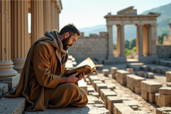 The thinker reading a book of wise sayings