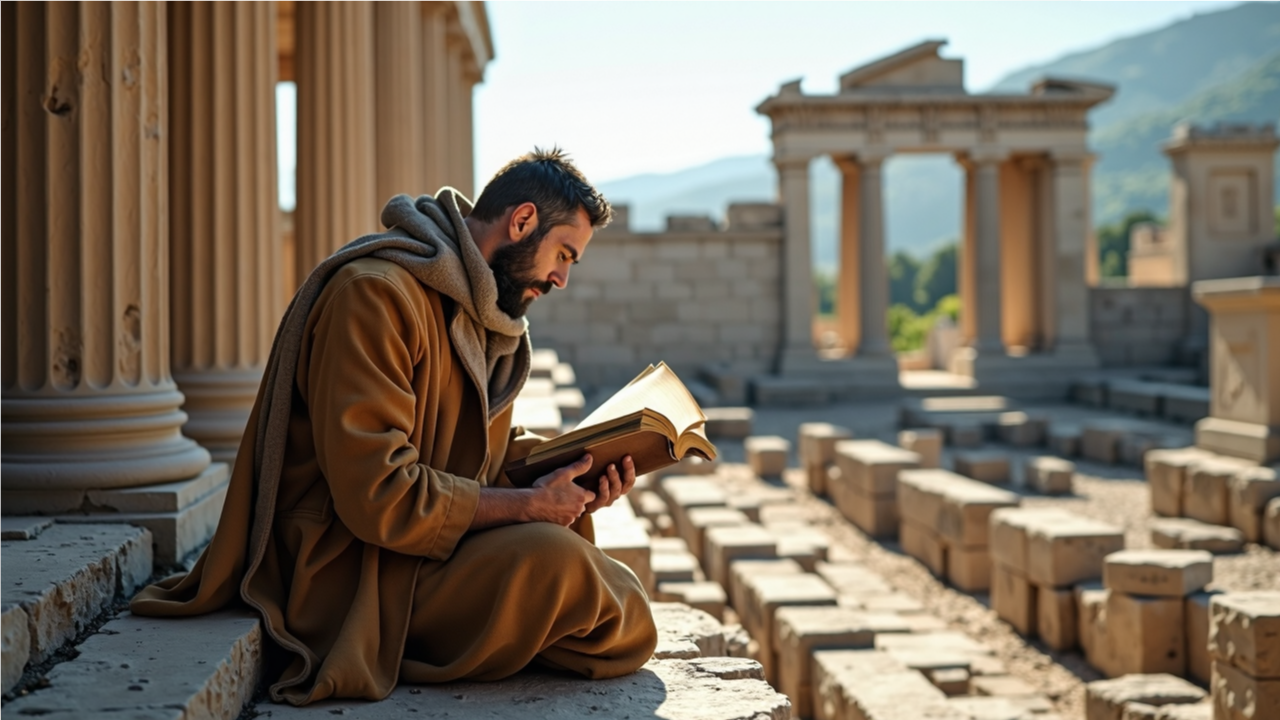 The thinker reading a book of wise sayings