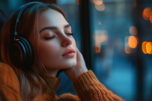 beautiful woman listening to a podcast