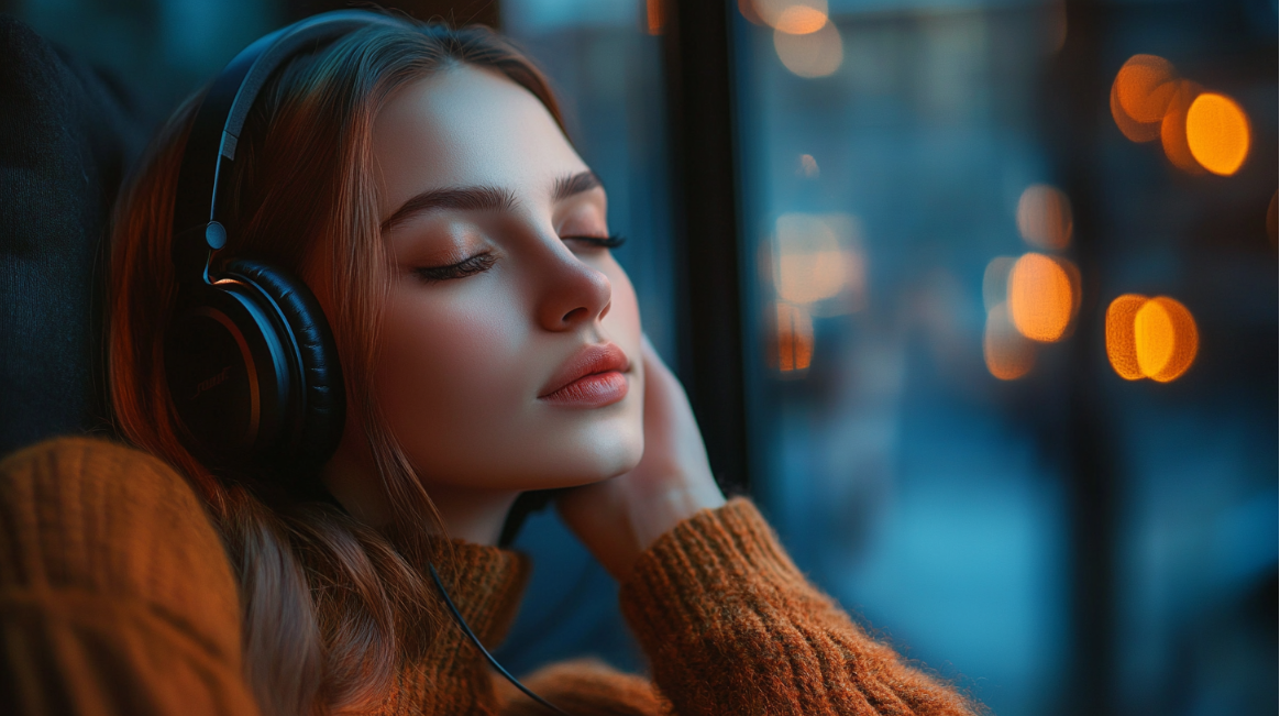 beautiful woman listening to a podcast