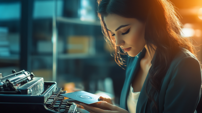 Woman with CD and typewriter