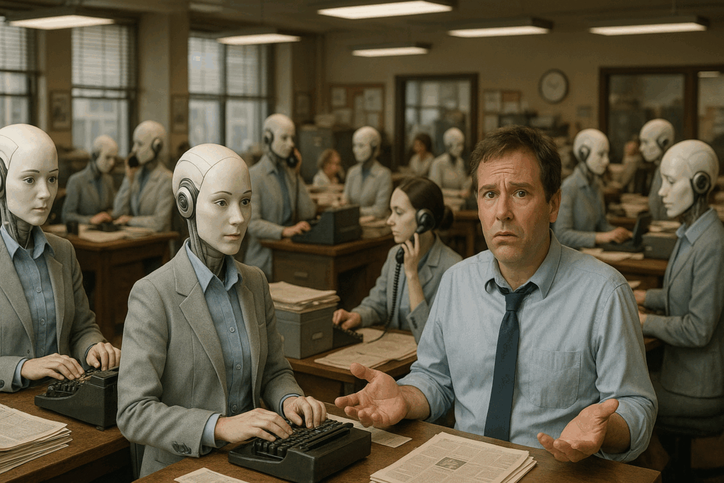 Bewildered human in AI newsroom