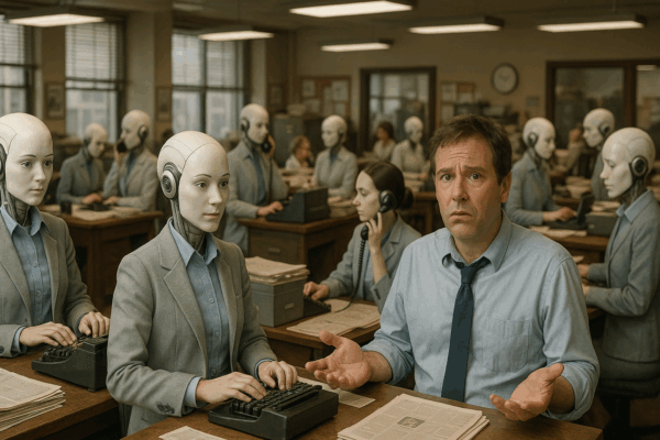 Bewildered human in AI newsroom