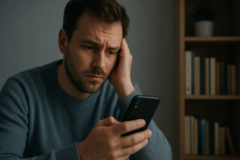 Sad man on phone