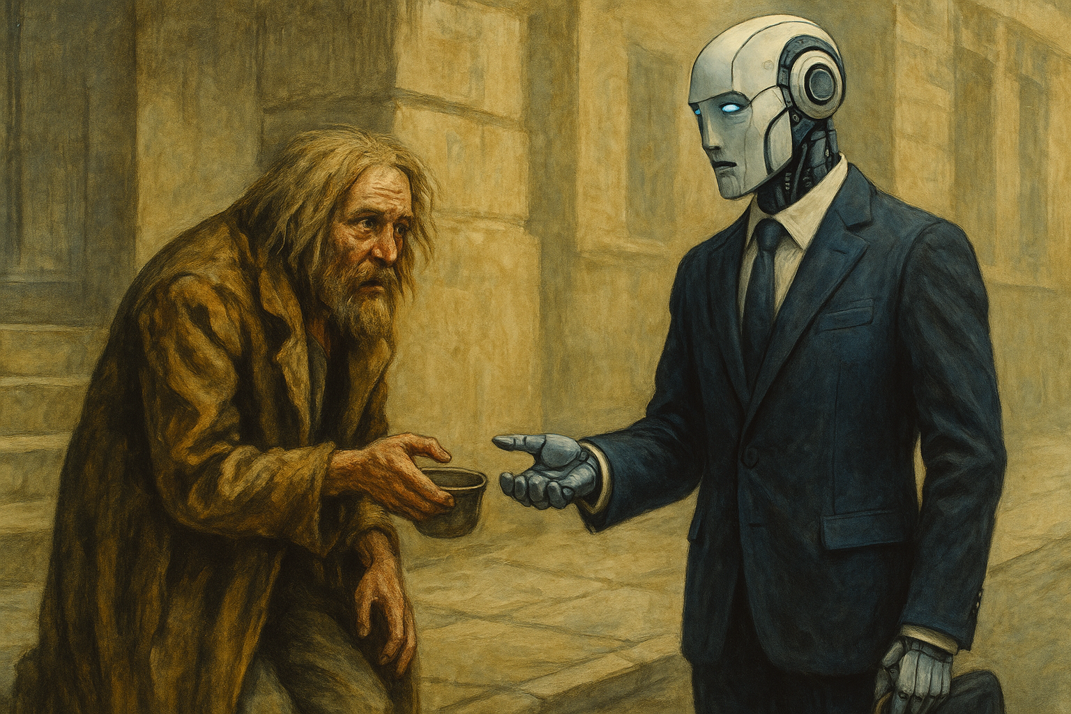Aqualung begging a robot for alms